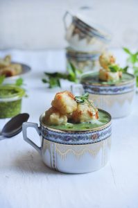 Spinach Soup with Tempura Cheese 