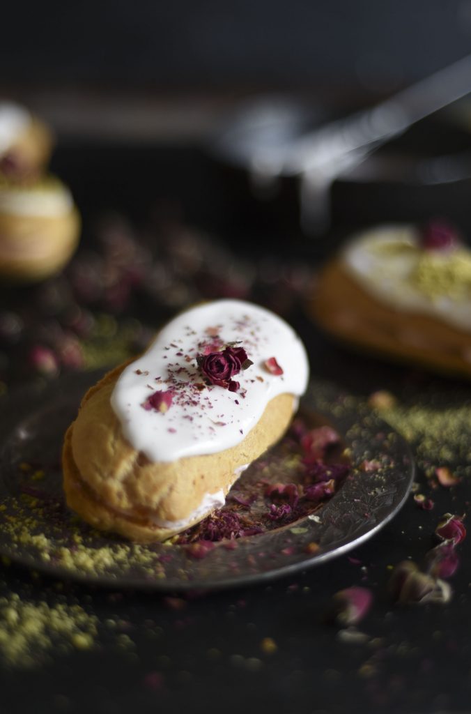 Rose and Pistachio Eclairs
