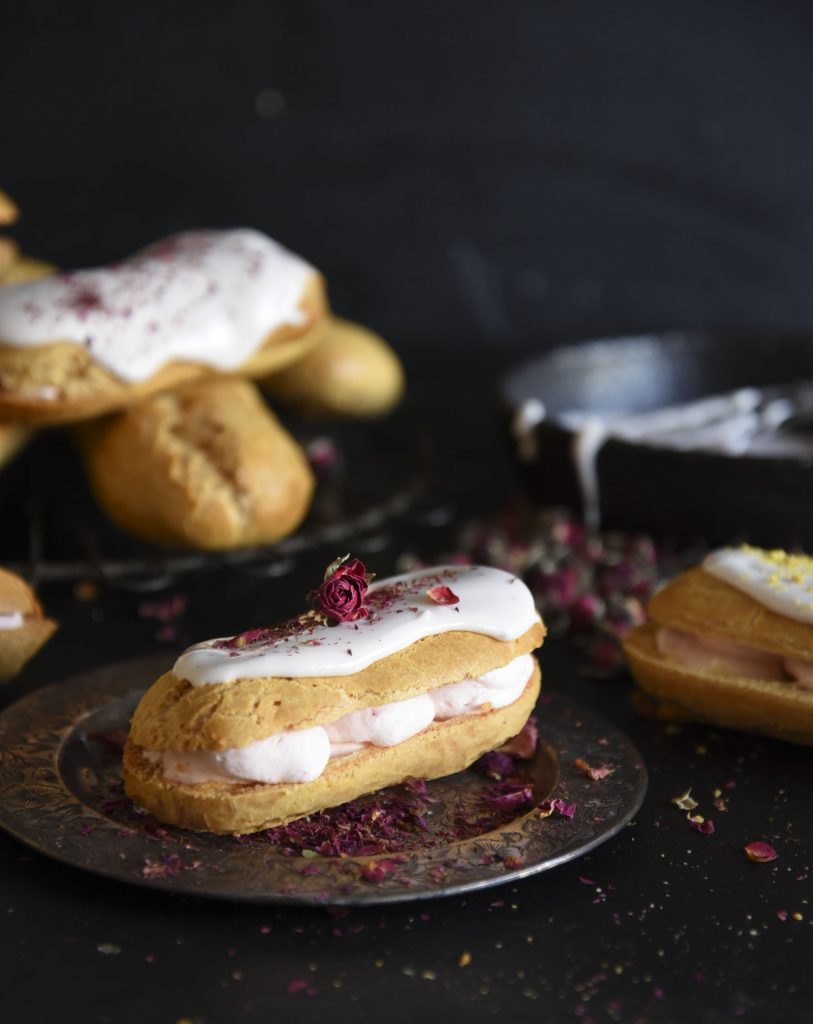Rose and Pistachio Eclairs