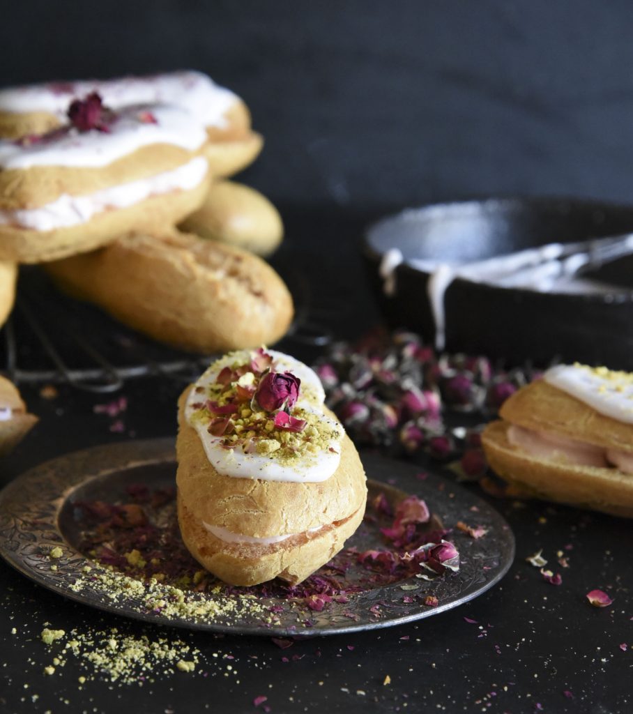 Rose and Pistachio Eclairs