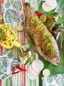 Trout cooked in banana leaves