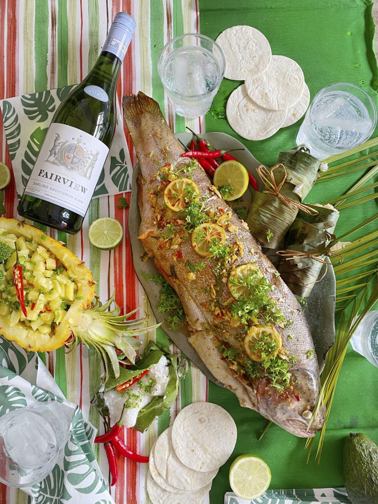 Trout cooked in banana leaves